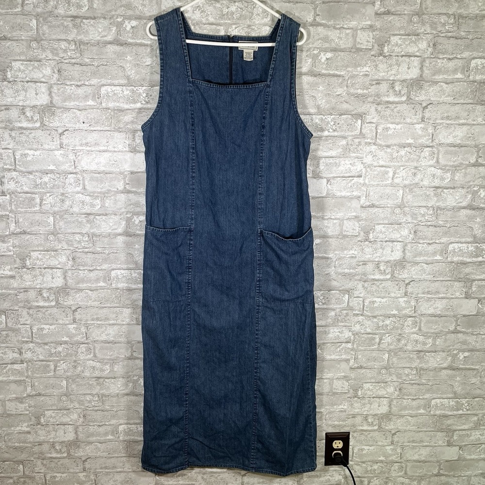 Vintage LL Bean Denim Sleeveless Jumper Dress Tie Back Size 18 100% Cotton